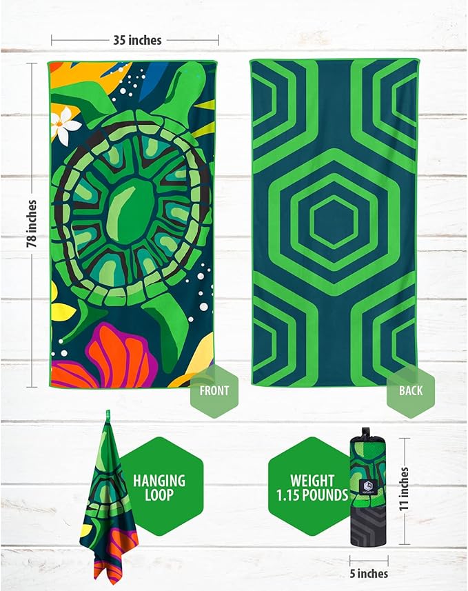 VENTURE 4TH Microfiber Beach Towel: Quick-Dry, Compact, Sand-Free, Absorbent, Sandproof and Lightweight - Perfect for Camping, Beach, and Roadtrips (Turtle Bay Design | 35x78 inches)