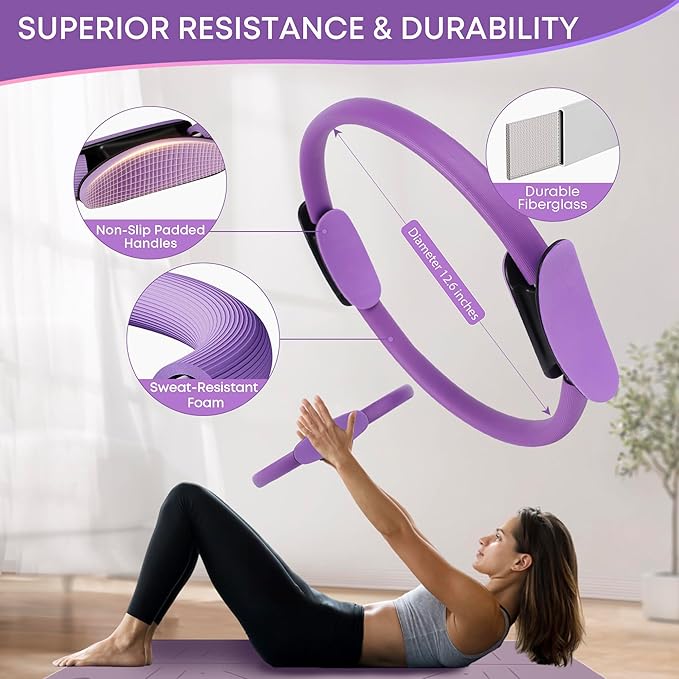 13 Pcs Pilates Essentials Kit for Women, Home Workout Equipment Set with 9.8” Ball, Magic Circle, Accessories, Perfect for Beginners to Toning & Fitness, Pink