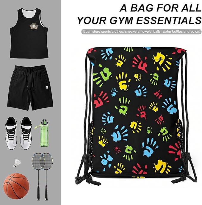 Hand Print Drawstring Backpack Gym Bag With Shoe Compartment String Bag Sport Beach Swimming Sackpack For Women Men