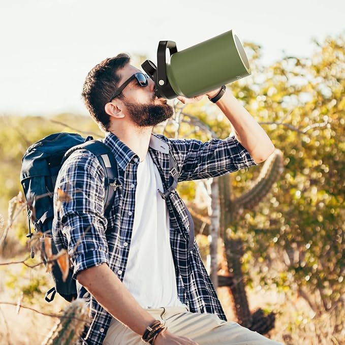 Half Gallon Water Bottle Insulated(Cold for 48 Hrs),BPA Free&Leak Proof,64oz Stainless Steel Water Jug/Flask,Big thermo,Large Water Bottle with Handle for Gym,Hiking,Camping,Olive Green