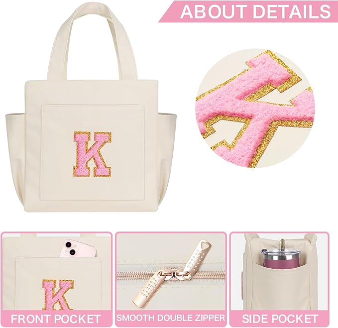 Joymee Leather Lunch Box Lunch Bag for Women Adult Insulated Reusable Leakproof Large Spacious Lunch Cooler Lunch Tote Bag with Bottle Holder and Side Pockets for Work Picnic Beach (Letter K)