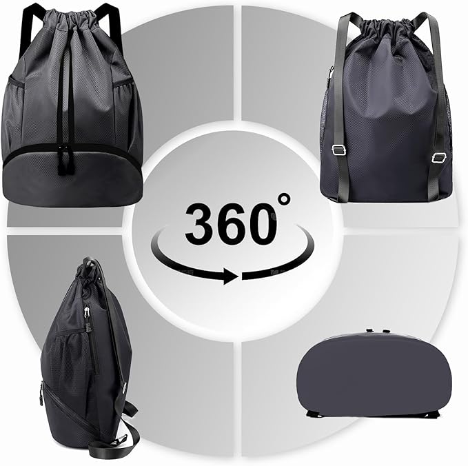Hoedia Sports Drawstring Backpack - String Swim Gym Bag with Shoes Compartment and Wet Proof Pocket for Women/Men (Dark Grey)