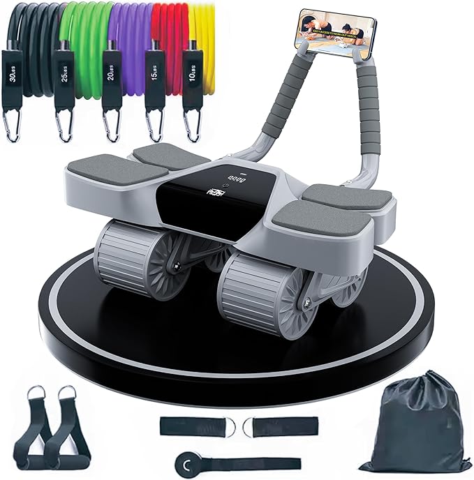 2025 New 4-Wheel Abdominal Roller with Elbow Support : Latest Upgraded High-Performance Exercise Machine With Automatic Rebound, Multi- layered Anti-Slip Design with Calorie Counting LCD Screen