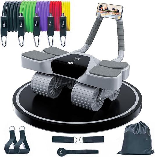 2025 New 4-Wheel Abdominal Roller with Elbow Support : Latest Upgraded High-Performance Exercise Machine With Automatic Rebound, Multi- layered Anti-Slip Design with Calorie Counting LCD Screen