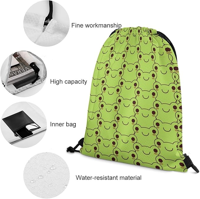 Frog Drawstring Backpack - Cute Cinch Sack, String Backpacks for Kids Women Men Boys Girls for Gym Outdoor Sports Travel Athletic Drawstring Bag - Lightweight/Foldable
