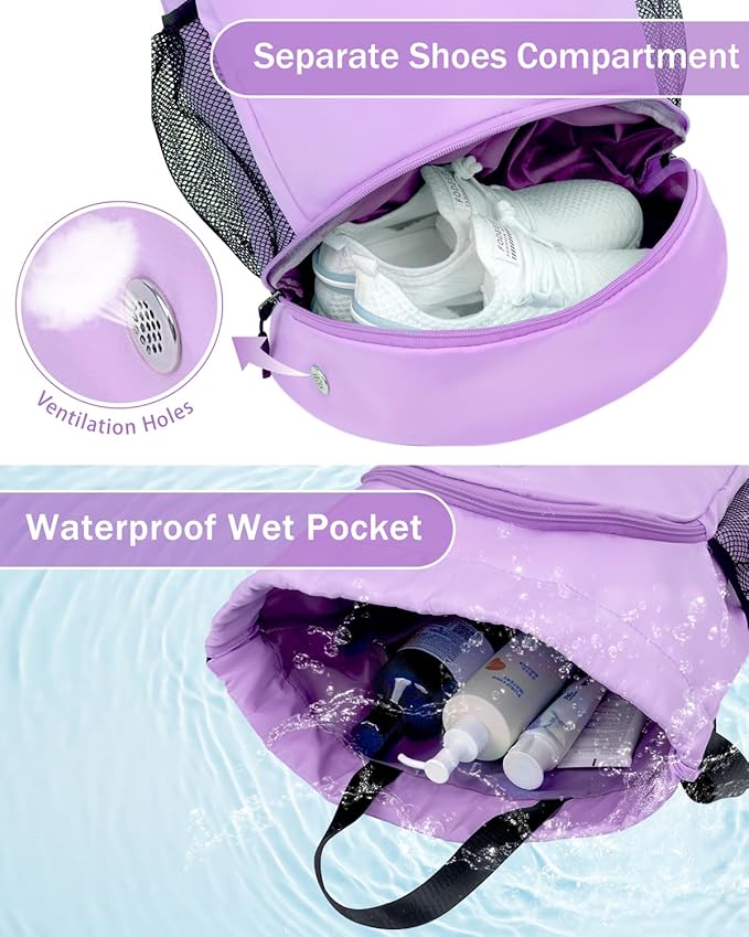 Drawstring Backpack Gym Backpack with Shoe Compartment for Men Women String Sports Bag with Wet Pocket Cinch Swim Beach Bag, Purple (Patent Pending)