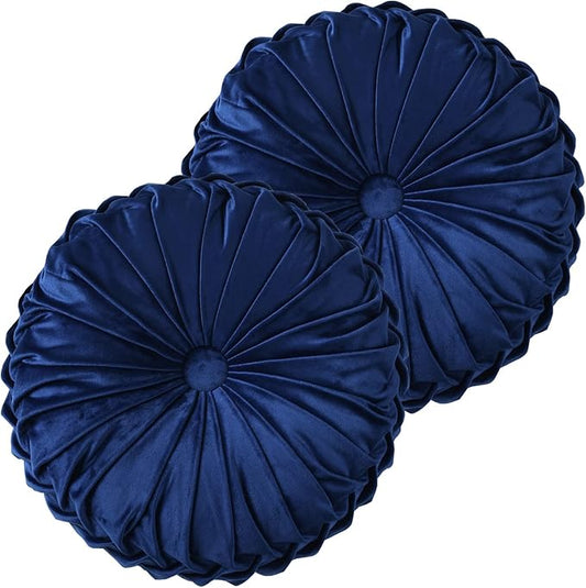 HIG Set of 2 Decorative Round Pleated Throw Pillows, Classy Accent Pumpkin Throw Pillows with Center Button, Vintage Velvet Floor Pillows for Sofa Couch Vanity Chair Bed, Navy, 14.5" Diameter(Ripple)