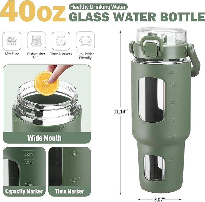 BLUEGO 40 oz Glass Water Bottles with Straw Time Marker, Glass Tumbler with Handle Top Lids, Easy to Clean, Fits in Car Cup Holder, Leakproof Jug for Gym, Sports, Workout & Daily, 02 Olive