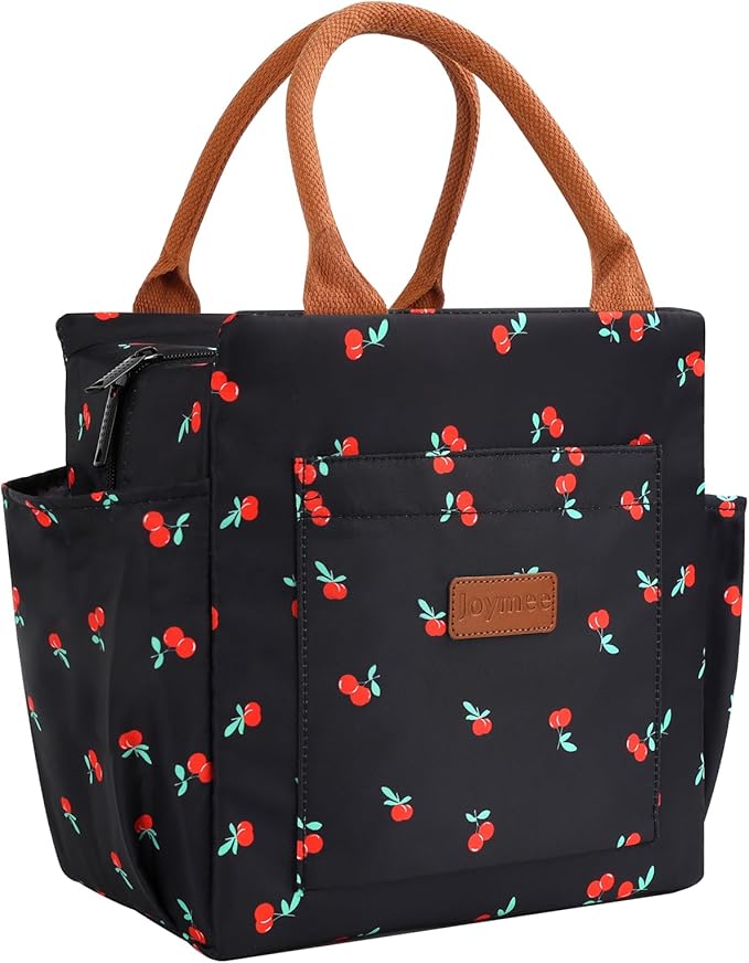 Joymee Lunch Bag Women Insulated Lunch Box Reusable Leakproof Large Spacious Cooler Tote for Women Men Adult with Bottle Holder and Side Pockets for Work Office Travel Picnic - Cherry