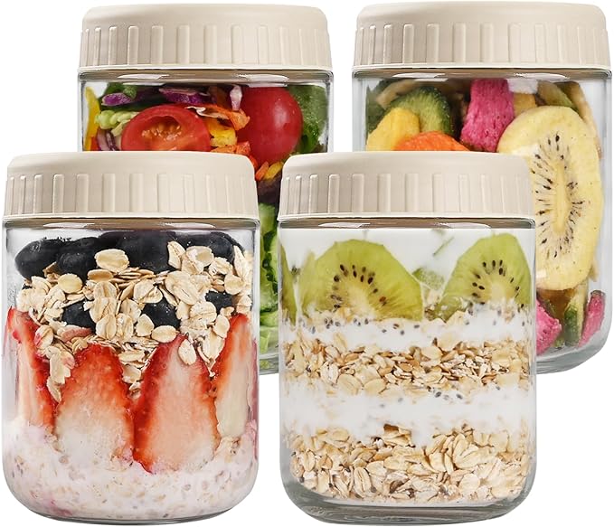 Overnight Oats Containers with Lids, 16oz Glass Jars with Lids 4 pcs, Apricot, Wide Mouth Mason jars for Salad, Yogurt, Snacks, Meal Prep