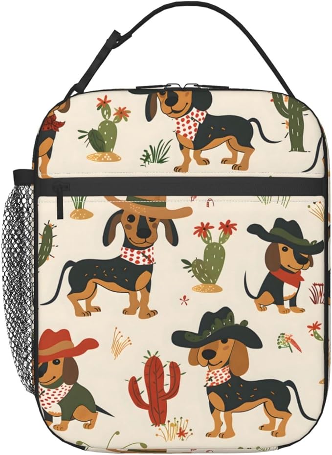 Cute Dog Lunch Box for Kids,Puppy Insulated Bag for Student,Pet Lovers Reusable Thermal Insulation Cooler Tote Bags for School Work Picnic Camping Outdoor Gifts (Cowboy Dachshund Western)