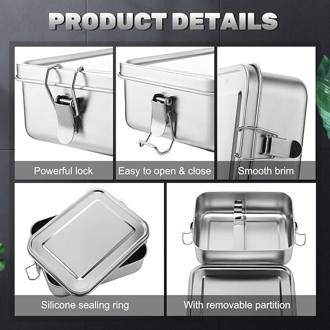 Umigy 4 Pcs Stainless Steel Food Containers Metal Bento Lunch Box Stainless Steel Food Storage Containers, Lockable Clips to Leak Proof, Reusable Dishwasher Snack Boxes for Work, Picnic (1200ml)