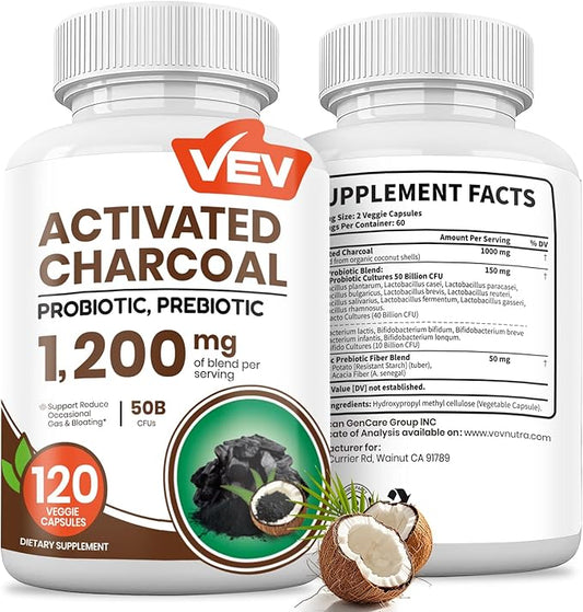 VEV Activated Charcoal with Organic Coconut Shell Charcoal & 50 Billion Probiotics – 120 Vegan Capsules for Digestive Wellness & Dietary Support