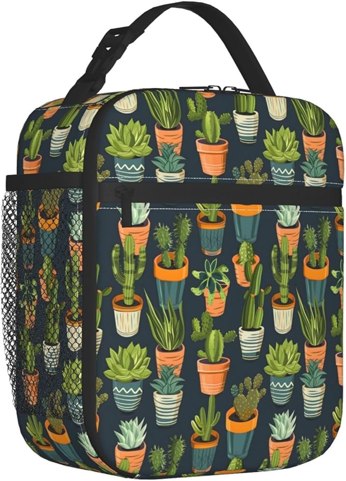 Cactus Lunch Box for Women Adults Kids, Insulated Cooler Lunch Bag for Picnic, School, Office, Travel, Work, Portable Reusable Polyester Tote Thermal Lunch Bags (Potted Cactus)