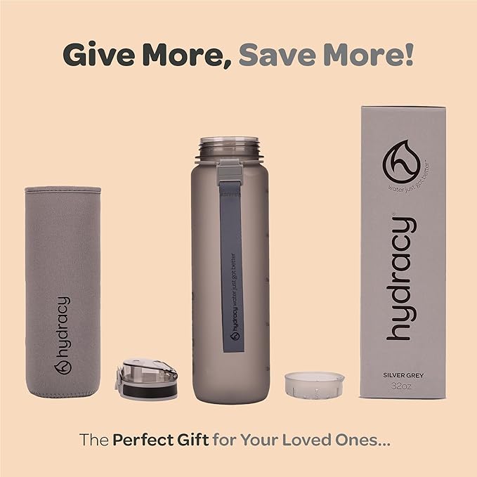 Hydracy Water Bottle with Time Marker -Large BPA Free Water Bottle & No Sweat Sleeve -Leak Proof Gym Bottle with Fruit Infuser Strainer & Times to Drink -Ideal for Fitness Sports & Outdoors