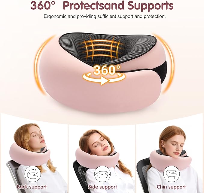 Ergonomic Travel Neck Pillow with Memory Foam Support – Comfortable Airplane Pillow for Adults, Portable Neck Cushion for Car, Office and Long Flights with Eye Mask, Earplug Holder and Carry Bag