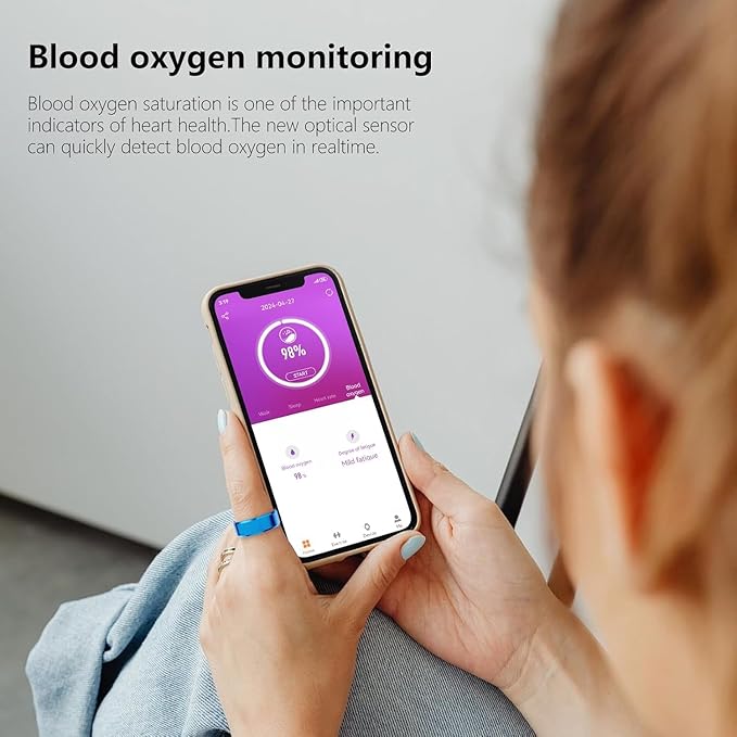 Fitness Tracker Smart Ring,Step Counter,Heart Rate Blood Oxygen Sleep Tracker Health Ring, 6ATM Waterproof Long Battery Life Smart Rings Compatible with iOS & Android （Blue-2）