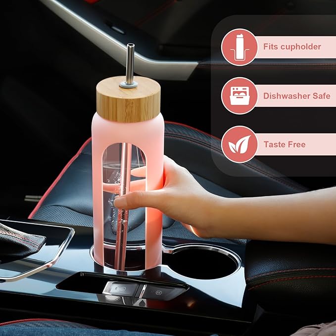 25 oz Glass Water Bottles - Motivational Tumbler With Time Marker - Borosilicate Glass With Silicone Sleeve and 2 Lids, Handle Spout & Bamboo Straw Lid (Pink)