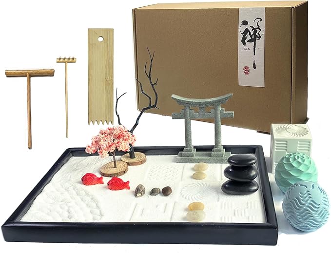 Japanese Zen Garden Kit for Desk with 3 Sand Spheres, Zen Decor with Wooden Tray and Natural Rake Torii Gate Ornament for Home & Office, Desktop Sandbox for Relaxation and Meditation