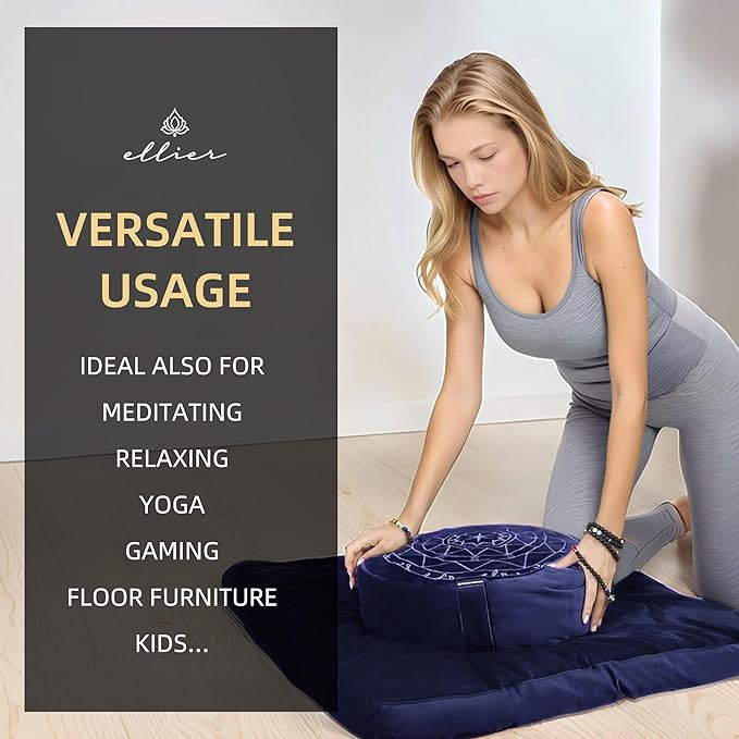 Zafu & Zabuton Meditation Cushion Set - Buckwheat Hull & Memory Foam Pillows, Ergonomic Support for Yoga, Mindfulness - Organic Velvet Cover, Large Size, Durable Comfort (Dark Blue)