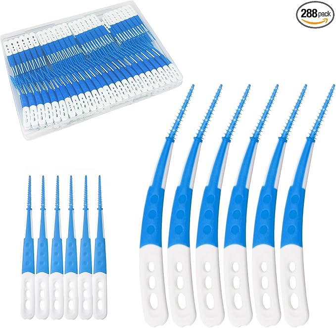 Dental Floss Picks with Soft Rubber Brush Heads, Straight and Curved Brush Head Design, 288 Count,Blue