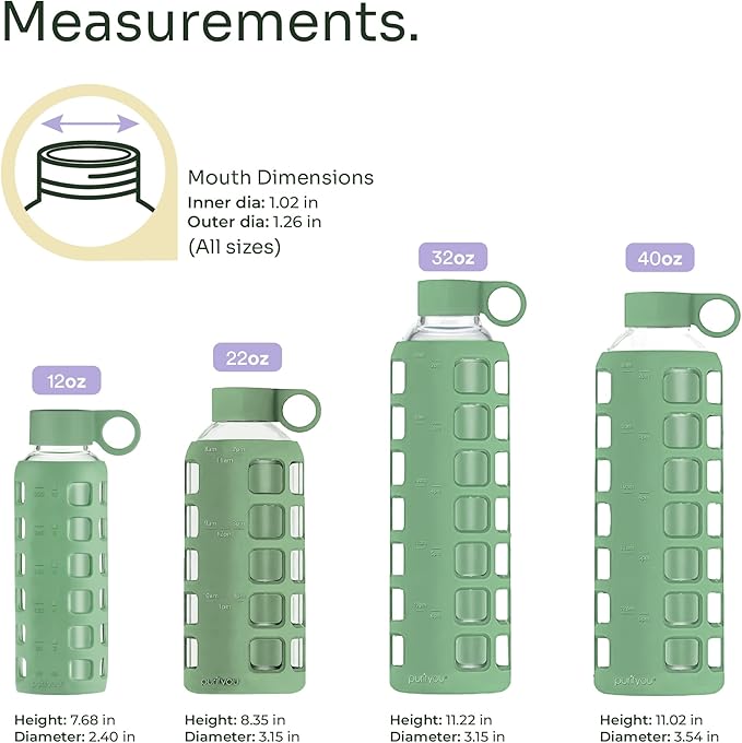 purifyou 40oz / 32oz / 22oz / 12oz Borosilicate Glass Water Bottle with Time & Volume Markers, Silicone Sleeve, Stainless Steel Lid | Reusable Glass Bottle for Water & Juice (32oz Shale Green)