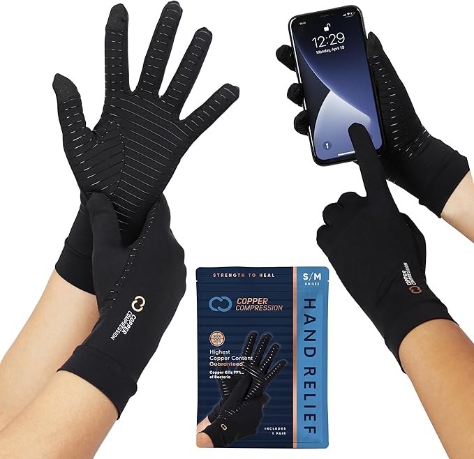 Copper Compression Full Finger Arthritis Gloves - Palm Grips - Touch Screen Fingertips - Compression Support for Carpal Tunnel, Pain Relief, Tendonitis - Fits Men & Women - 1 Pair - Small