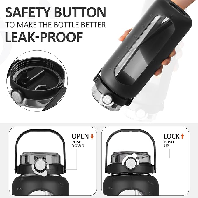 BLUEGO 64oz Glass Water Bottles with Straw Time Marker Half Gallon Large Motivational Water Bottle with Silicone Sleeve 2 Liter Large Glass Water Jug Daily, Black