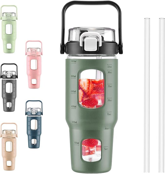 BLUEGO 32oz Glass Water Bottles with Straw Time Marker Half Gallon Large Motivational Water Bottle with Silicone Sleeve 2 Liter Large Glass Water Jug for Gym, Sports& Workout, Daily, Olive