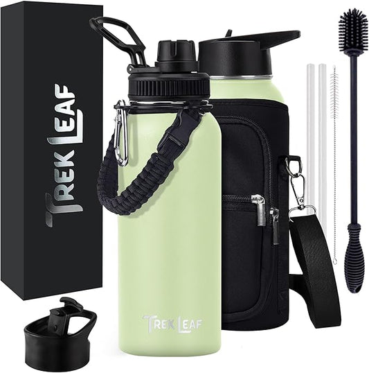 Travel Water Bottle with Carrying Bag, 3 Lids (Spout, Straw, Flip), and Bottle Brush; Leak Proof, Quality, Vacuum Insulated, Stainless Steel (Sage Sprout, 32 oz)