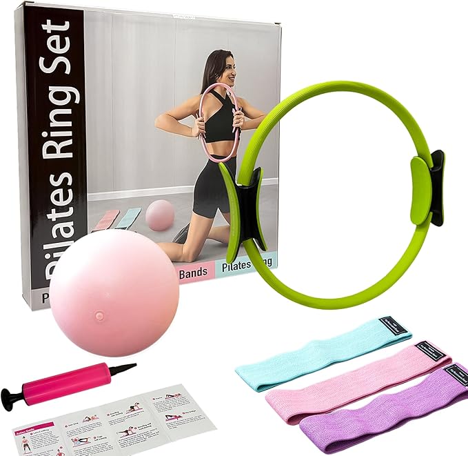 Pilates Ring Kit with Mini Ball & 3 Resistance Bands, at Home Pilates Equipment Set for Toning, Strength & Core Work, 15'' Magic Circle & 3-Level Bands