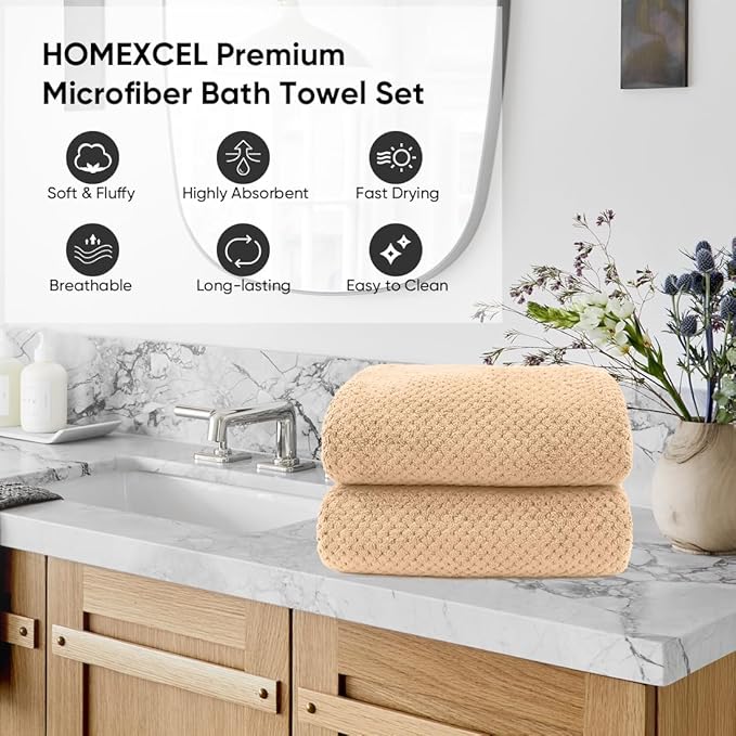 HOMEXCEL Bath Towels Pack of 2, (27 x 54 Inches) Microfiber Ultra Soft Highly Absorbent Bath Towel Set, Lightweight and Quick Drying Towels for Body, Sport, Yoga, SPA, Fitness, Brown