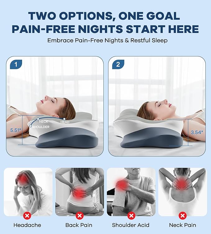 Cervical Pillow for Neck Pain Relief -Cooling Ergonomic Memory Foam Pillow with Ice Silk Pillowcase, Dual-Height Orthopedic Support Contour Pillow for Side/Back/Stomach Sleepers, CertiPUR-US Certified