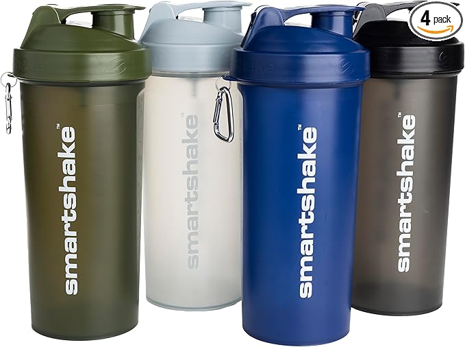 Smartshake Lite 4-Pack Protein Shaker Bottle 1000 ml | 34 oz - Leakproof Screw-on Lid - BPA Free – Unisex - Mist Gray, Army Green, Black, Navy Blue