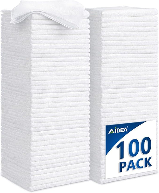AIDEA Microfiber Cleaning Cloth White-100PK, Absorbent Cleaning Rags, Commercial Shop Rags Lint-Free, Scratch-Free, White Microfiber Towels for Cars, Kitchen Towels White 11.5 in.x 11.5 in.