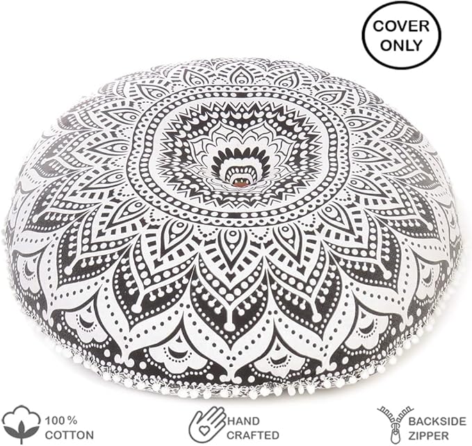 Eyes of India - Mandala Floor Pillow Cover Meditation Cushion Seating Throw Hippie Round Colorful Decorative Bohemian Indian Pouf Ottoman Handmade Cover ONLY (Ombre Black, 32" x 32")