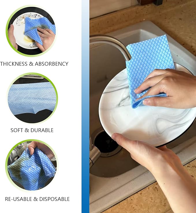 Disposable Cleaning Cloths Heavy Duty Dish Rag Disposable Dish Cloths 100 Count/Pack,Blue