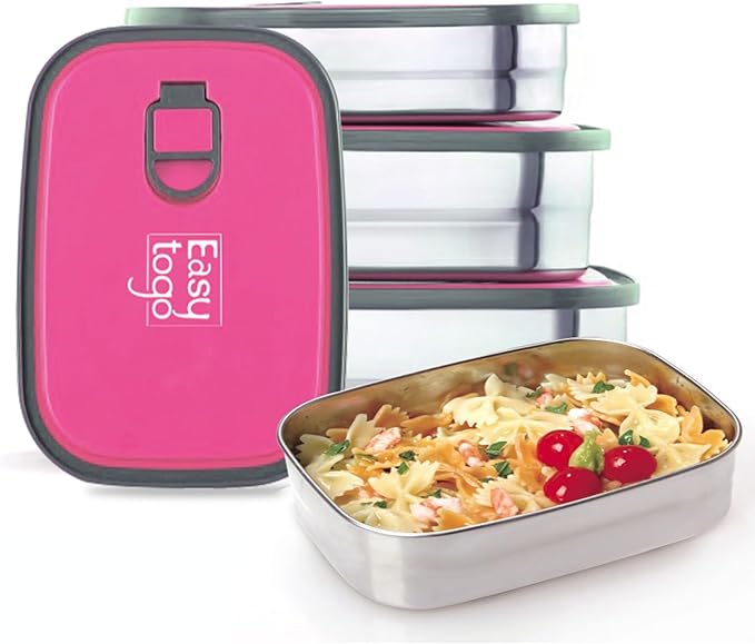 3-Pack Stainless Steel Lunch Containers – Airtight Leakproof Food Storage Boxes for Meal Prep, Snacks & Leftovers – 37oz + 23oz + 12oz, Pink Lid, Reusable Bento Set for Adults