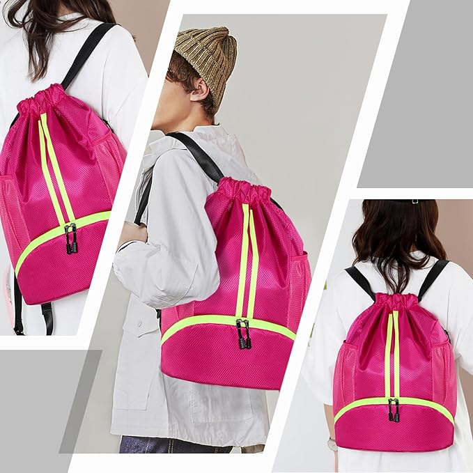 Hoedia Sports Drawstring Backpack - String Swim Gym Bag with Shoes Compartment and Wet Proof Pocket for Women&Men