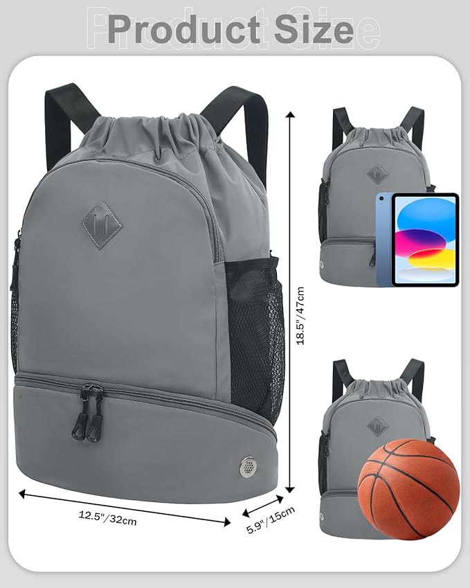 Drawstring Backpack Gym Backpack with Shoe Compartment for Men Women String Sports Bag with Wet Pocket Cinch Swim Beach Bag, Gray (Patent Pending)