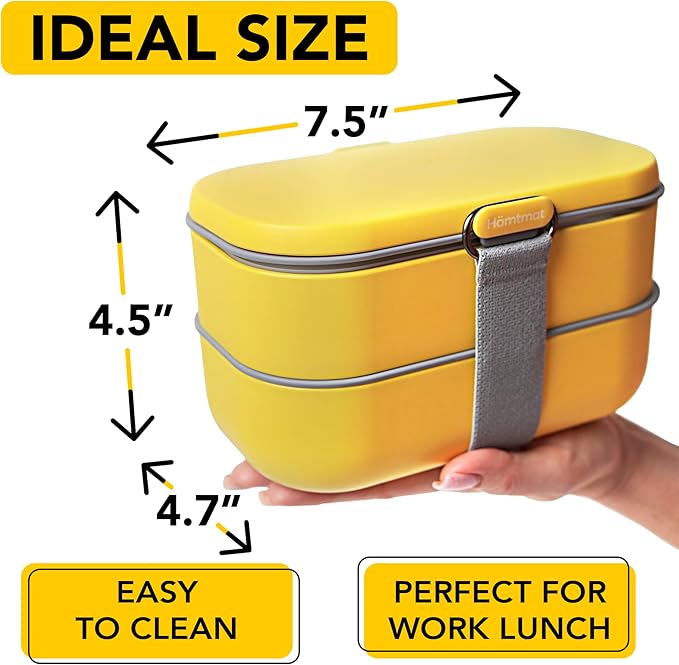 Insulated Stackable Bento Box for Adults with Reusable Chopsticks Japanese Lunch Box Microwavable & Leak Proof Lunch Containers for Men & Women Modern Cute Food Container with Compartments (Yellow)
