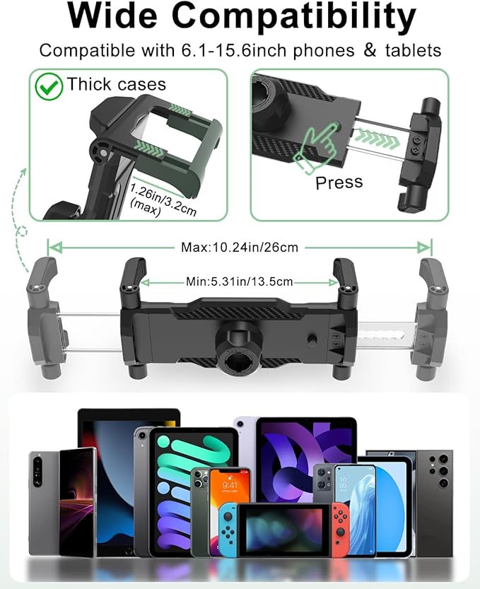 Gooseneck Handlebar Tablet Holder for Bicycle/Treadmill/Stroller, Wheelchair Tablet Mount with Flexible Arm for iPad Pro/Air/Mini, Galaxy, 6.1-15.6" Devices and Thickness Cases [Up to 1.18"]
