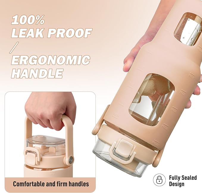 BLUEGO 40 oz Glass Water Bottles with Straw Time Marker, Glass Tumbler with Handle Top Lids, Easy to Clean, Fits in Car Cup Holder, Leakproof Jug for Gym, Sports, Workout & Daily, Amber