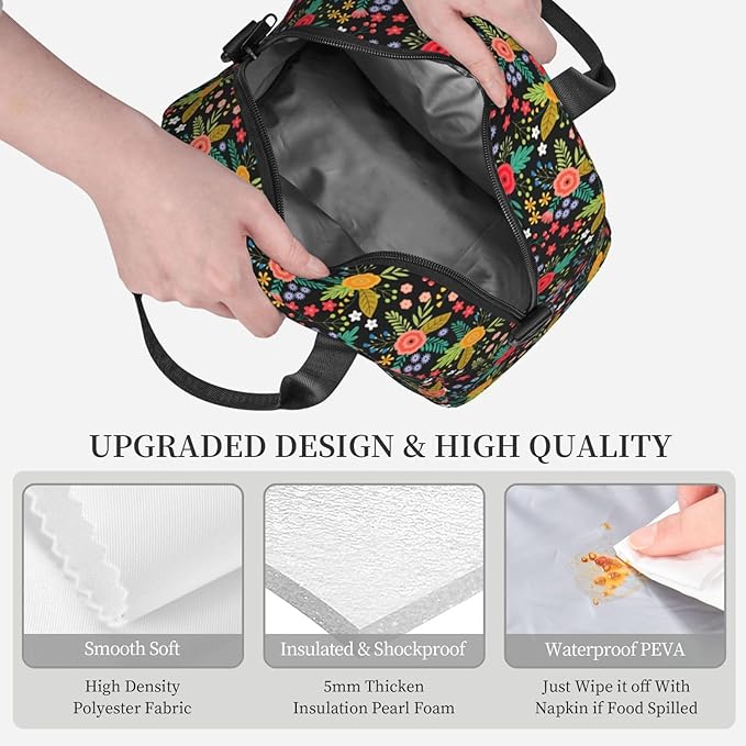 Flower Reusable Insulated Lunch Box Waterproof Lunch Bag with Detachable and Adjustable Shoulder Strap for Office Picnic or Travel