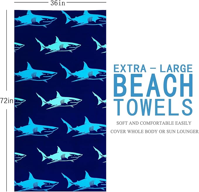 Genovega 2 Packs Oversized Beach Towel Set 36 x 72 in Large Big Pool Camping Swim Clearance Soft Towels Travel Essentials Accessories Must Haves Vacation Adult Necessities Gifts Clownfish Shark