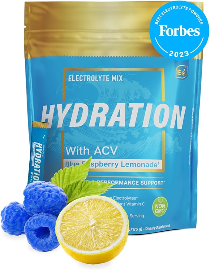 Essential Elements Hydration Packets - Blue Raspberry Pack - Sugar Free Electrolytes Powder Packets - 25 Stick Packs of Electrolytes Powder No Sugar - Hydration Drink - with ACV & Vitamin C