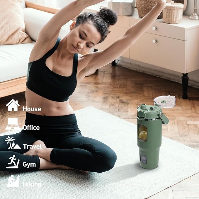 BLUEGO 32oz Glass Tumbler with Lid and Handle, Iced Coffee Cup with Straws, Glass Water Bottle with Silicone Sleeve and Volume, Marker Glass Cup with Time Marking, BPA Free, Olive