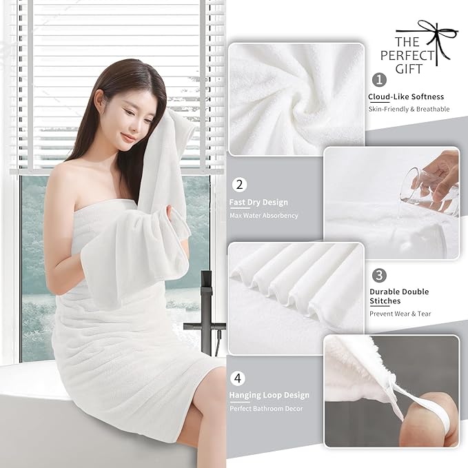 Extra Large Bath Sheet 4 Piece (35"x70")-Ultra Soft Oversized Bath Towel,Bath Sheet Set for Bathroom Hotel,Plush Highly Absorbent Quick Dry Shower Towel Set for Adults,Bathroom Towel Set White