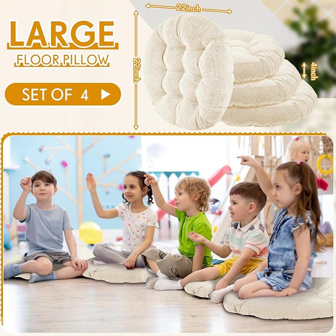 Jerify Floor Pillow Cushions 22 x 22 Inch Round Square Large Meditation Floor Pillow for Classroom Adult Meditation Picnic Party Cushion for Seating Gift Christmas(Round,Beige,4 Pcs)