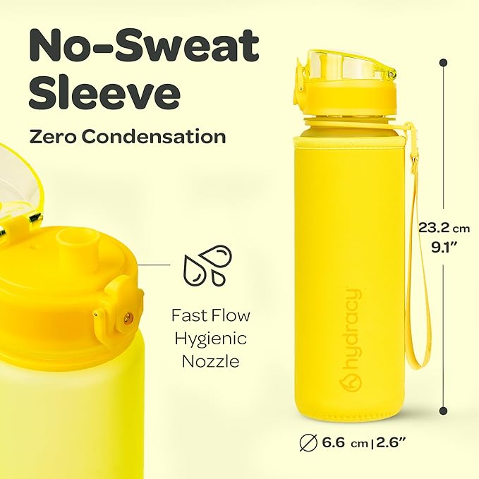 Hydracy Water Bottle with Time Marker -Large BPA Free Water Bottle & No Sweat Sleeve -Leak Proof Gym Bottle with Fruit Infuser Strainer & Times to Drink -Ideal for Fitness Sports & Outdoors